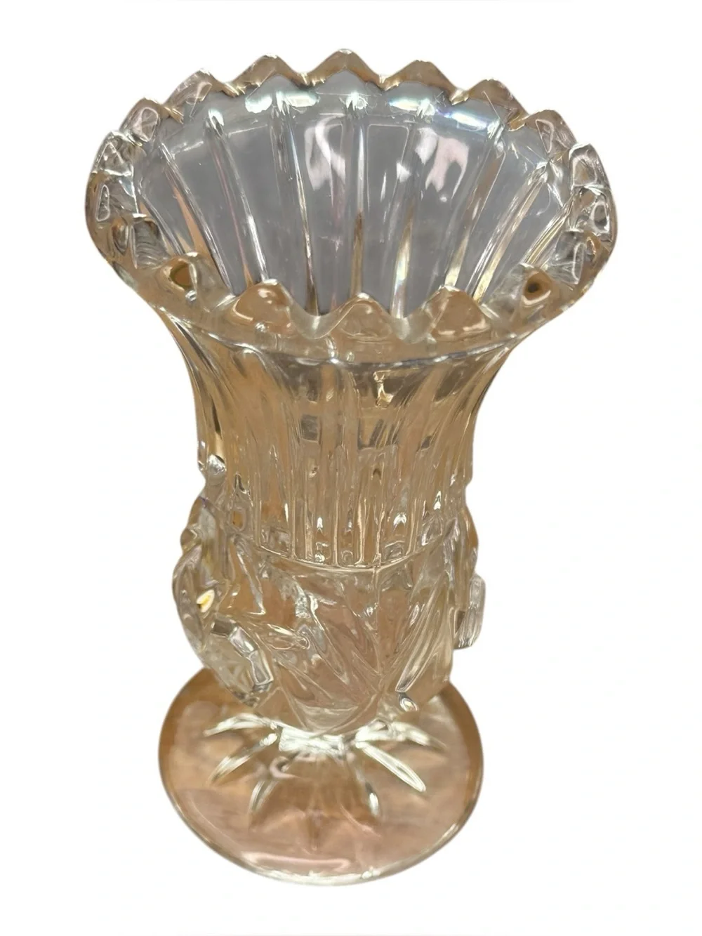 Vintage Style Clear Pressed Glass Bud Vase Scalloped Rim Floral Design 6”